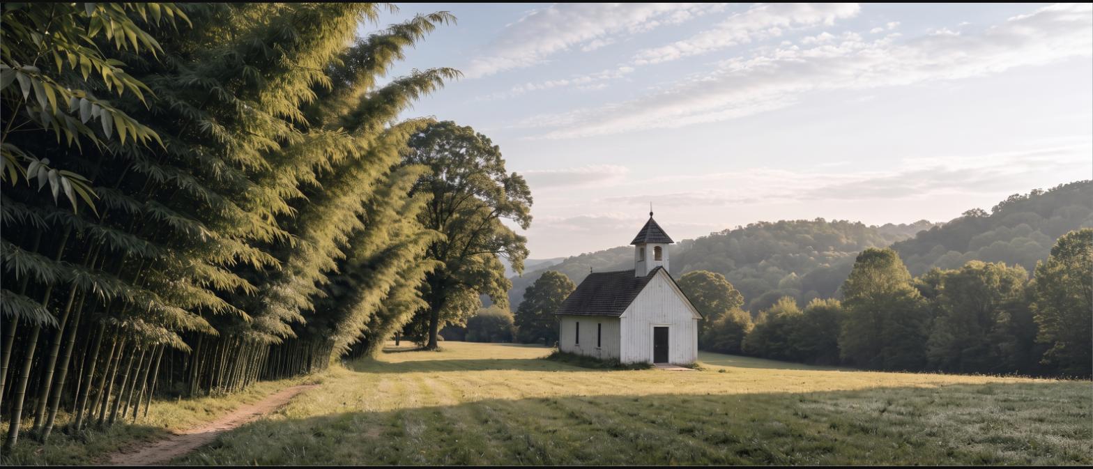 A tall stand of green bamboo growing beside a small white country church