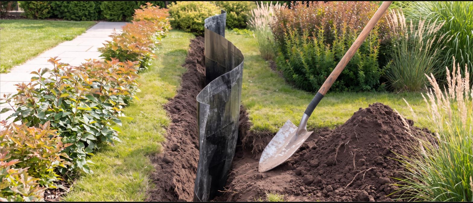 A trench along a garden boundary with a heavy plastic root barrier standing in it beside a spade