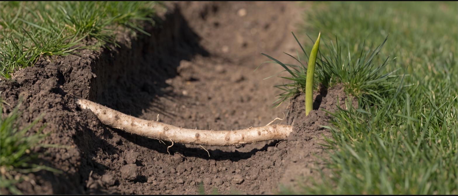 A pale bamboo rhizome travelling horizontally through soil with a new shoot emerging nearby